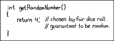 In this figure getRandomNumber is implemented by returning the constant 4, a number chosen by fair dice roll and claimed to be guaranteed to be random.