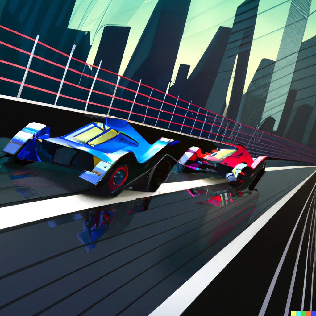 A blue racecar and a red racecar racing to the finish line in front of a futuristic city